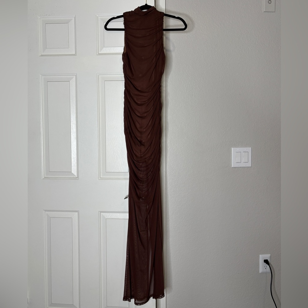 Chocolate Brown High Neck Ruched Mesh Maxi Dresss
